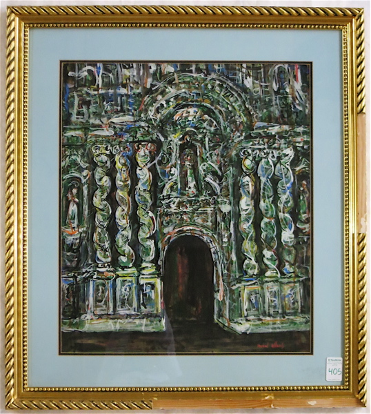 Appraisal: ANIBAL VILLACIS TEMPERA ON PAPER Ecuador born Cathedral with santos