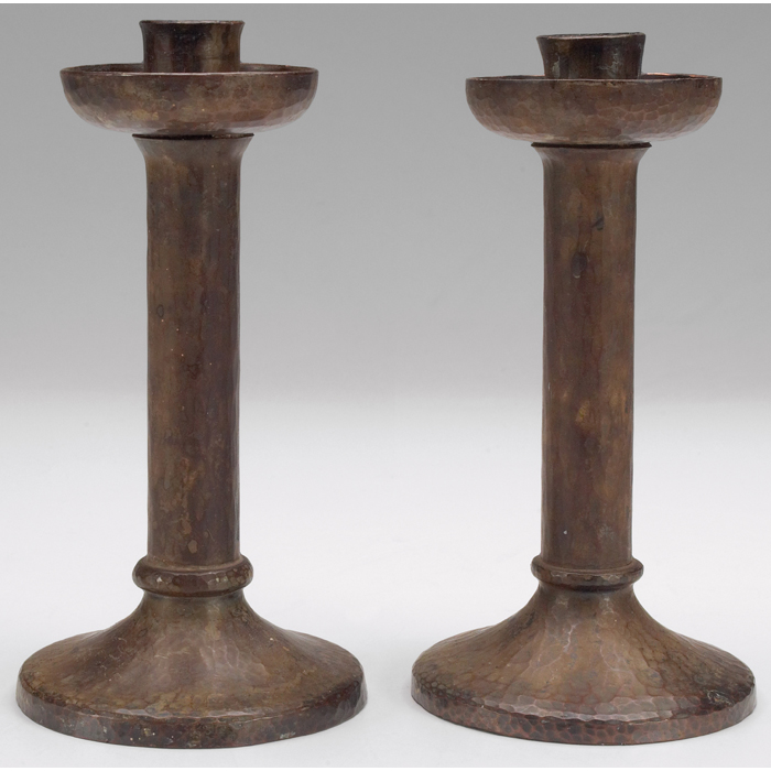 Appraisal: Roycroft candlesticks pair hammered copper cleaned patina one marked w