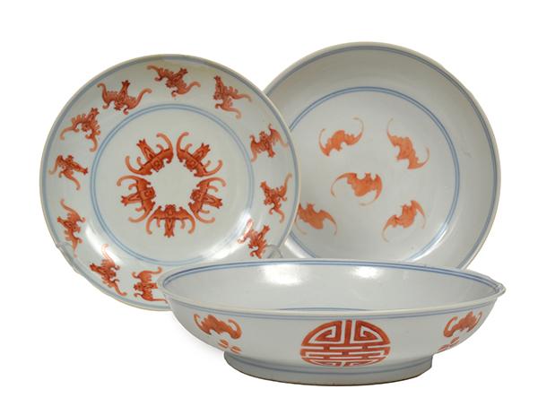 Appraisal: A CHINESE PAIR OF IRON-RED DECORATED 'RUYI' DISHES AND ANOTHER