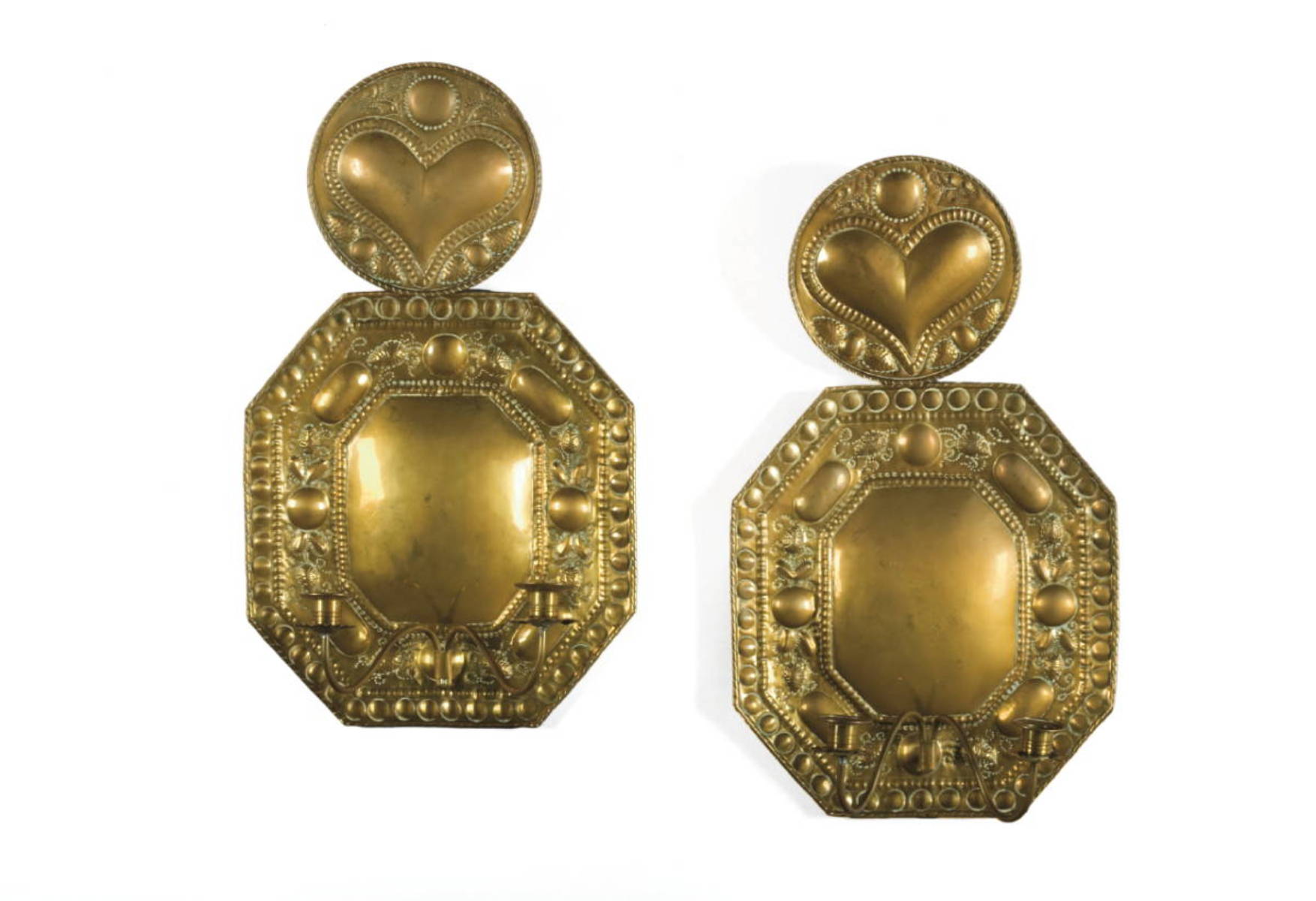 Appraisal: PAIR OF DUTCH STAMPED BRASS TWO-LIGHT WALL SCONCES OF OCTAGONAL