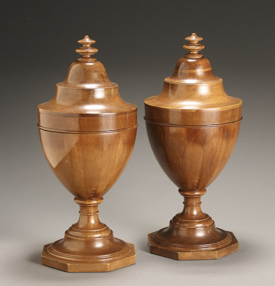 Appraisal: Pair of George III Style Mahogany Knife Urns th Century