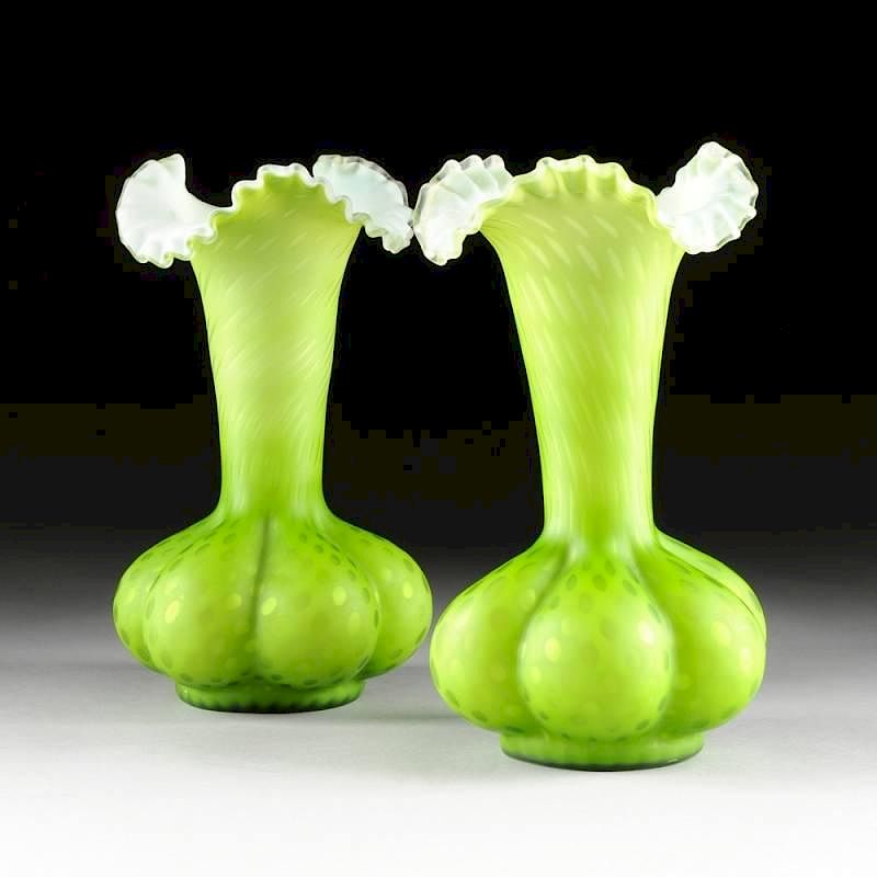 Appraisal: A PAIR OF BRIGHT GREEN LOBED SATIN GLASS VASES PROBABLY