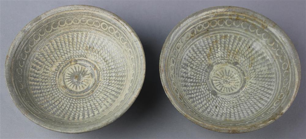 Appraisal: TWO SIMILAR PUNCH-ONG CELADON WARE DISHES EARLY CHOSON DYNASTY TH