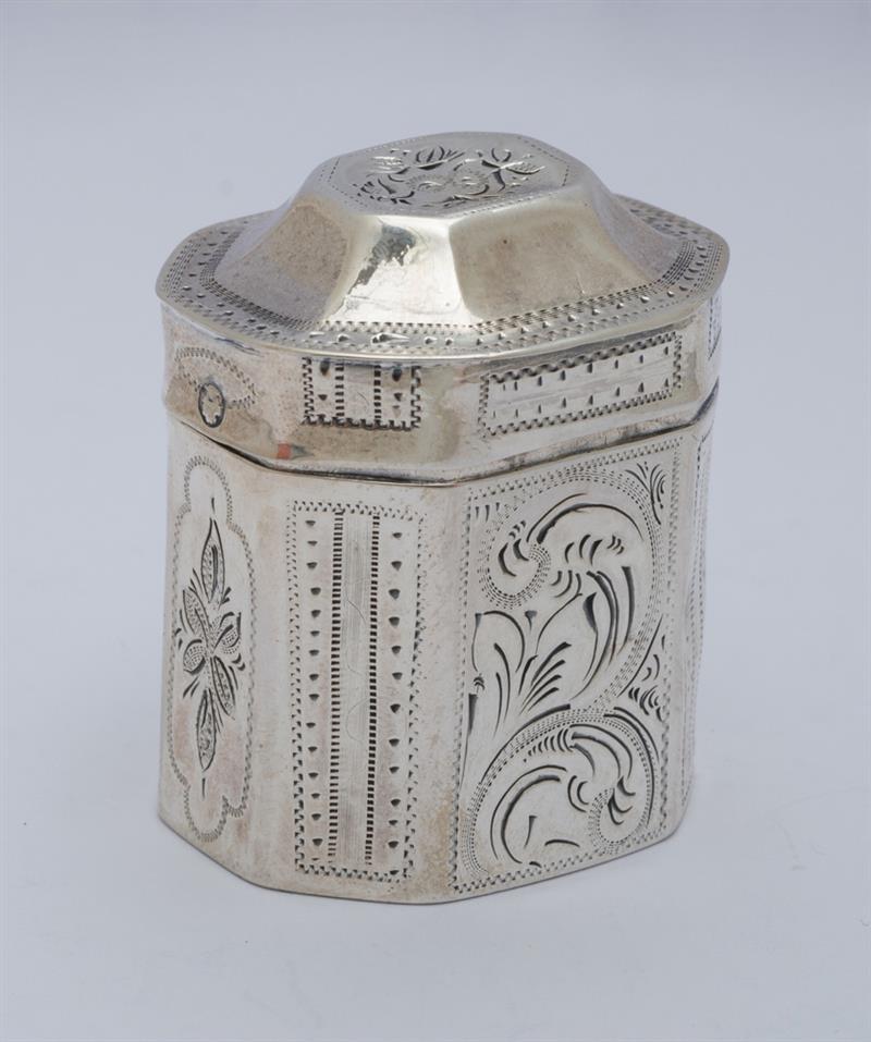 Appraisal: DUTCH MINIATURE SILVER TEA CADDY Of octagonal form with engraved