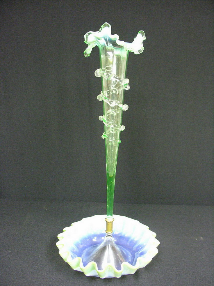 Appraisal: GREEN OPALESCENT EPERGNE circa s h X bowl diam