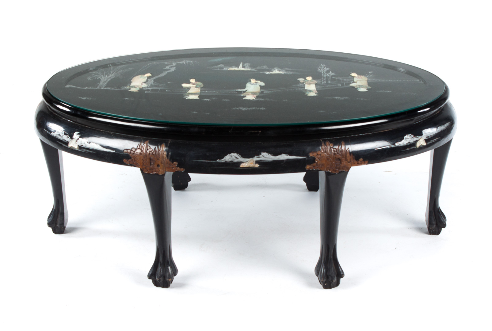 Appraisal: Chinese hardstone ebonized wood coffee table th century oval shape