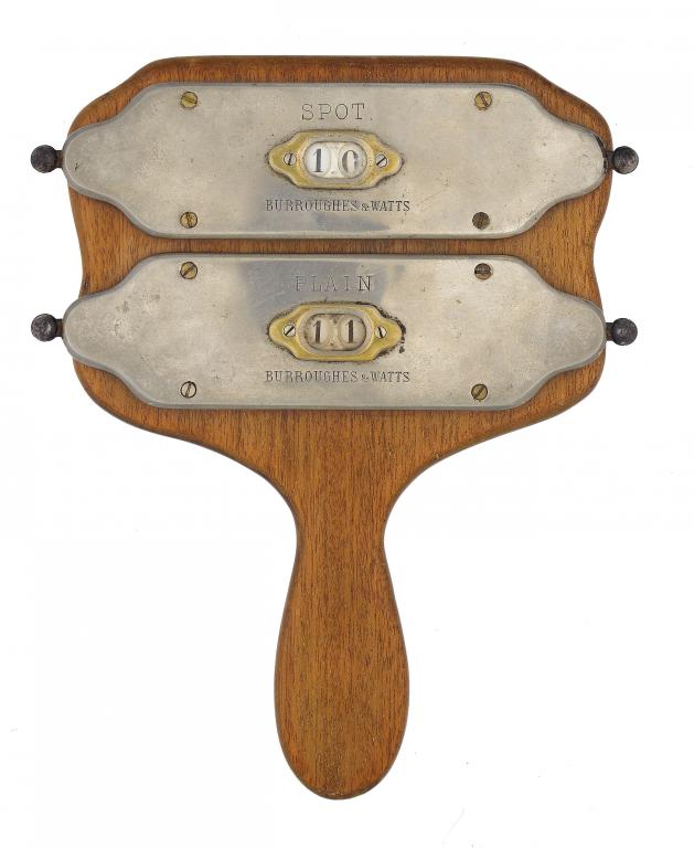 Appraisal: A NICKEL PLATED BRASS-MOUNTED MAHOGANY BILLIARDS SCORING BAT with apertures