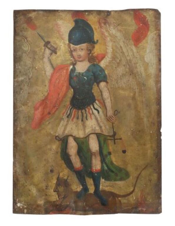 Appraisal: Unframed oil on tin retablo Archangel Saint Michael Vanquishing Satan