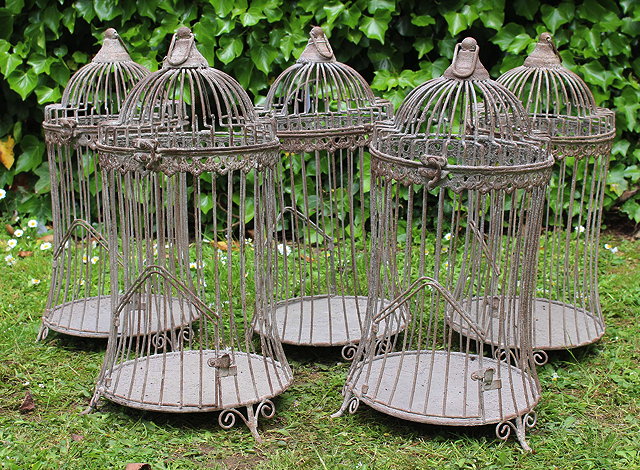 Appraisal: A GROUP OF FIVE GREY PAINTED WIREWORK CIRCULAR BIRD CAGES