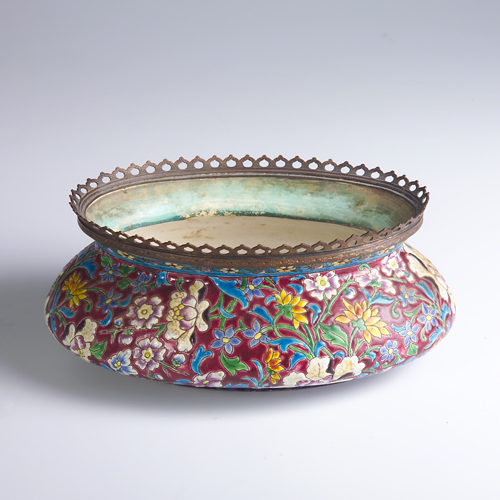 Appraisal: Longwey multicolored open vessel with reticulated brass edge in excellent