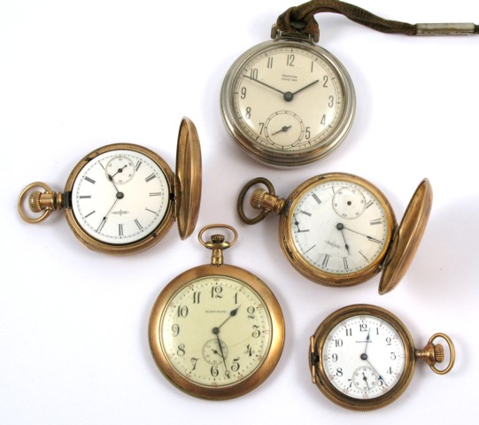 Appraisal: FIVE AMERICAN POCKET WATCHES by Elgin Westclox and Waltham both