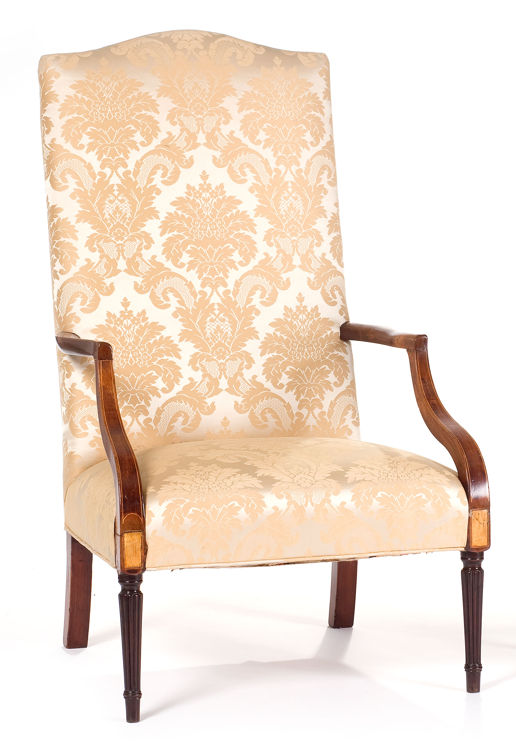 Appraisal: NEW ENGLAND SHERATON INLAID MAHOGANY LOLLING CHAIR IN CREAM SILK