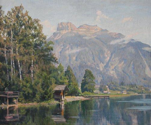 Appraisal: SCHEID Lore Austrian - Lakeside Landscape with Cottages and Mountain