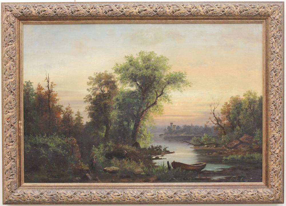 Appraisal: EUROPEAN LANDSCAPE OIL ON CANVAS sunset with forest and river