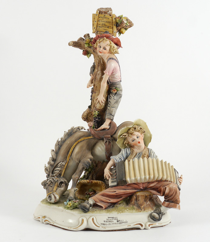 Appraisal: TIZIANO GALLI ITALIAN PORCELAIN FIGURAL GROUP Titled ''Monelli'' and marked