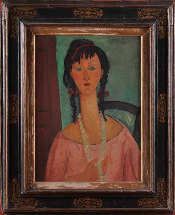 Appraisal: EUROPEAN SCHOOL PORTRAIT OF A YOUNG WOMAN WITH PEARLS Oil