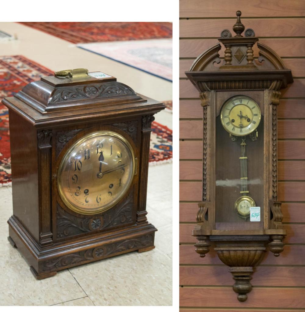 Appraisal: TWO ANTIQUE GERMAN CLOCKS carved oak bracket clock with time