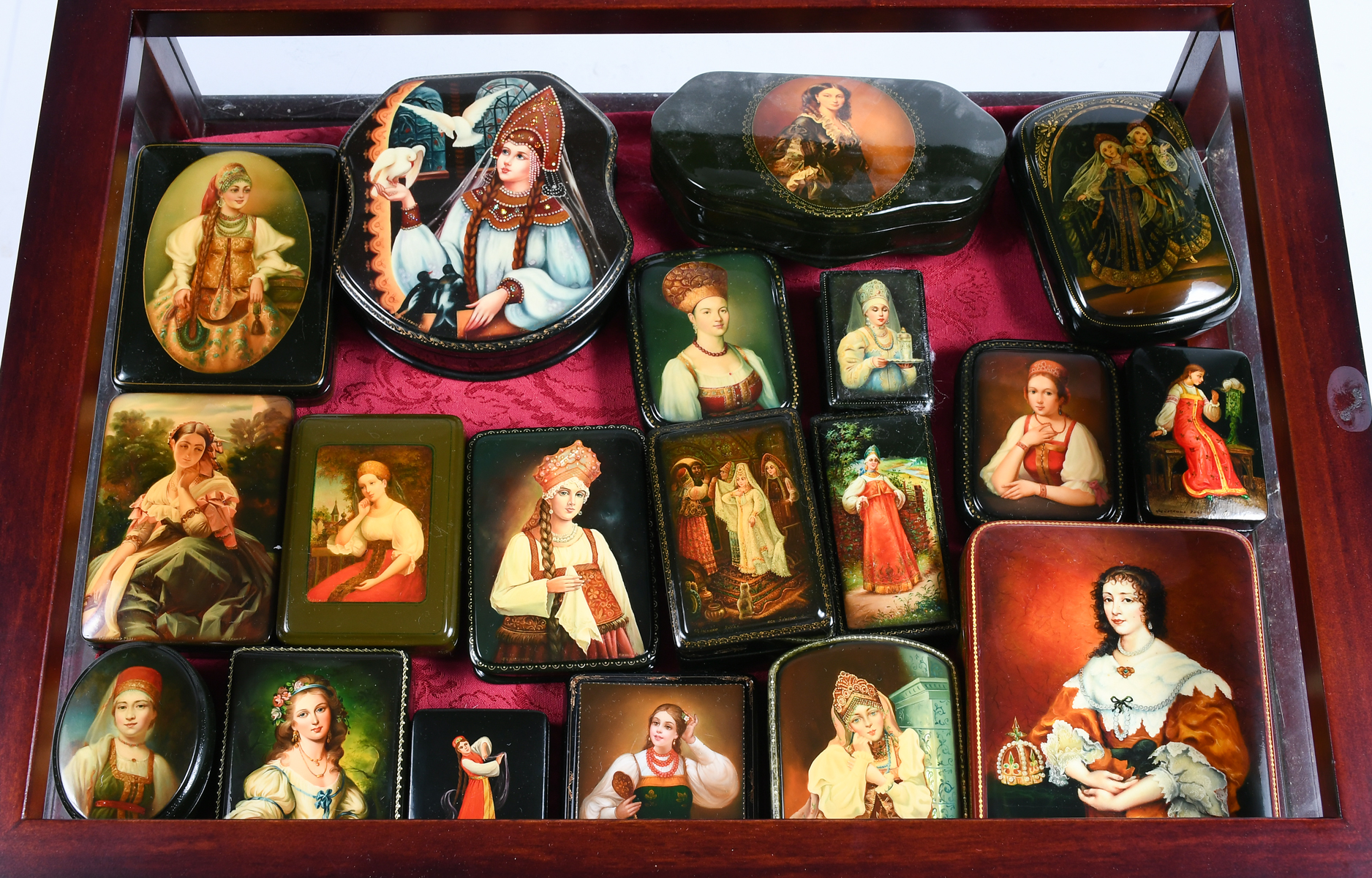 Appraisal: PC HAND-PAINTED RUSSIAN LACQUER BOXES WITH DISPLAY CASE These boxes