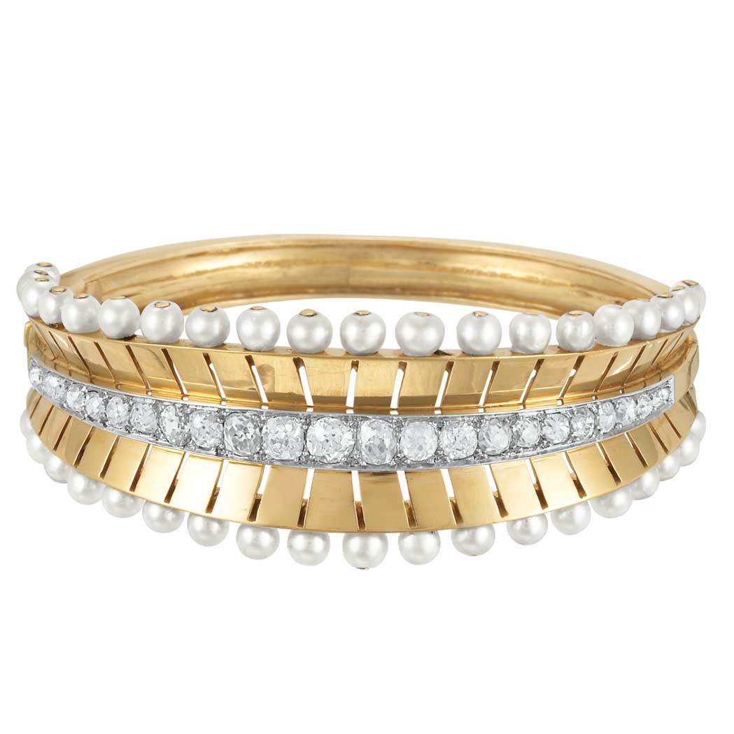 Appraisal: Gold Platinum Diamond and Cultured Pearl Bangle Bracelet kt diamonds