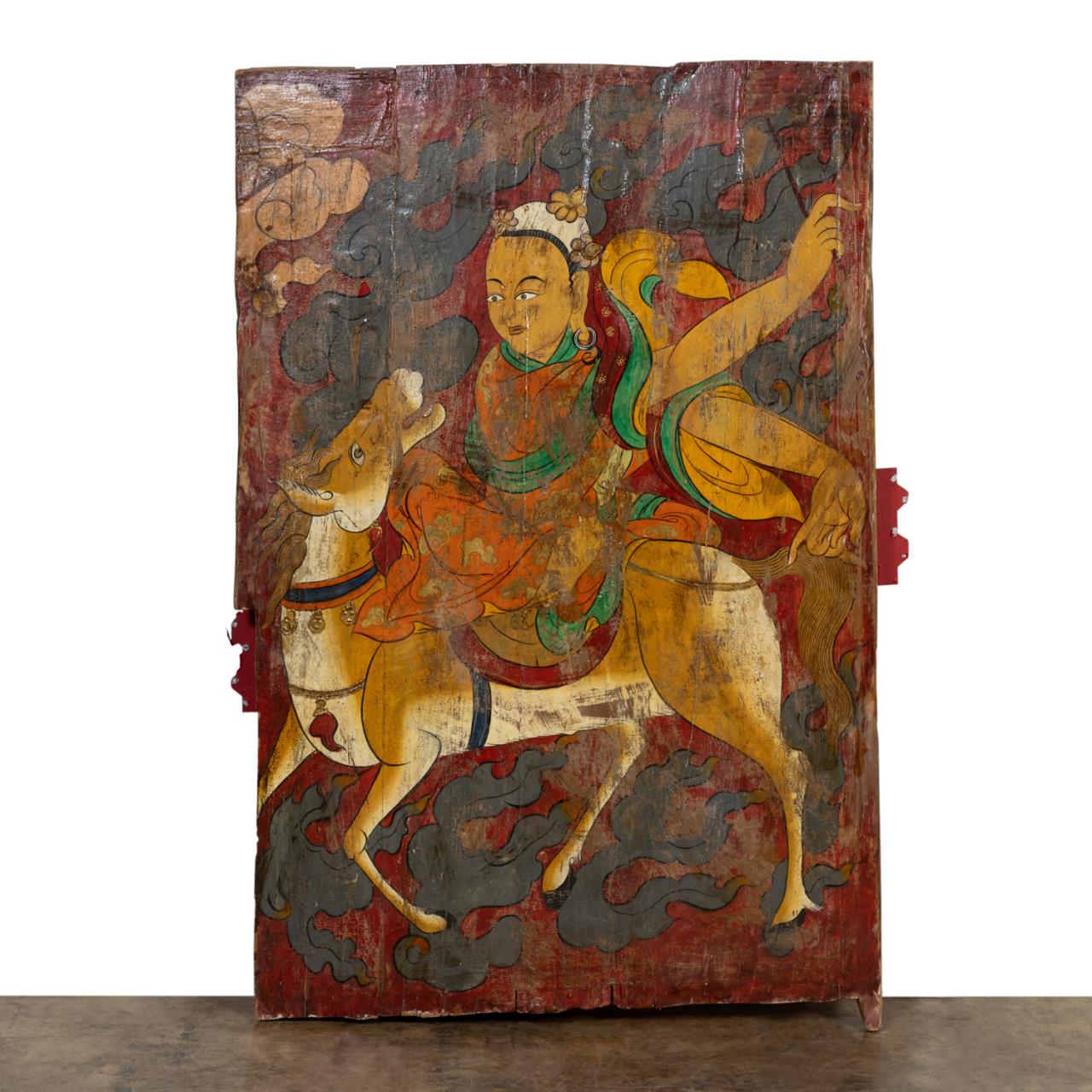 Appraisal: TIBETAN PAINTED WOOD DOOR WITH WARRIOR Tibetan polychrome painted wood