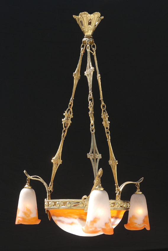 Appraisal: FRENCH DECO MULLER FRERES SIGNED ART GLASS CHANDELIER light electric