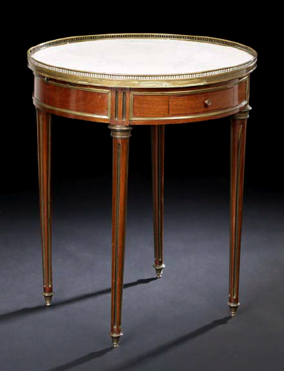 Appraisal: Louis XVI-Style Gilt-Brass-Mounted Mahogany and Marble-Top Bouillotte Table ca the