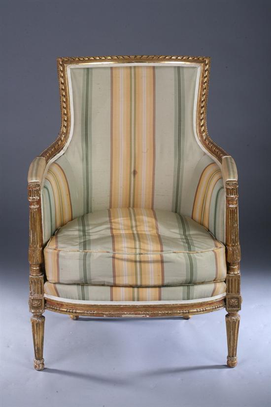 Appraisal: LOUIS XVI-STYLE GILT WOOD BERGERE th century with green gold