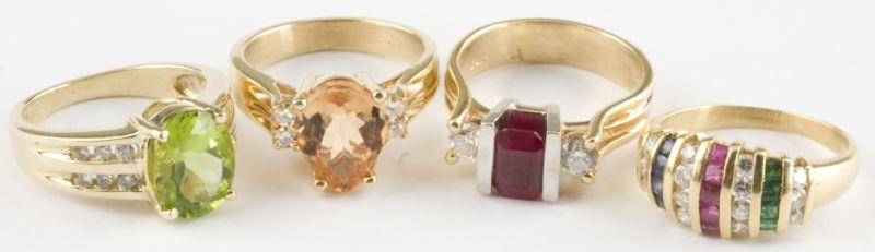 Appraisal: A Group of Four Colored Stone and Diamond Rings all