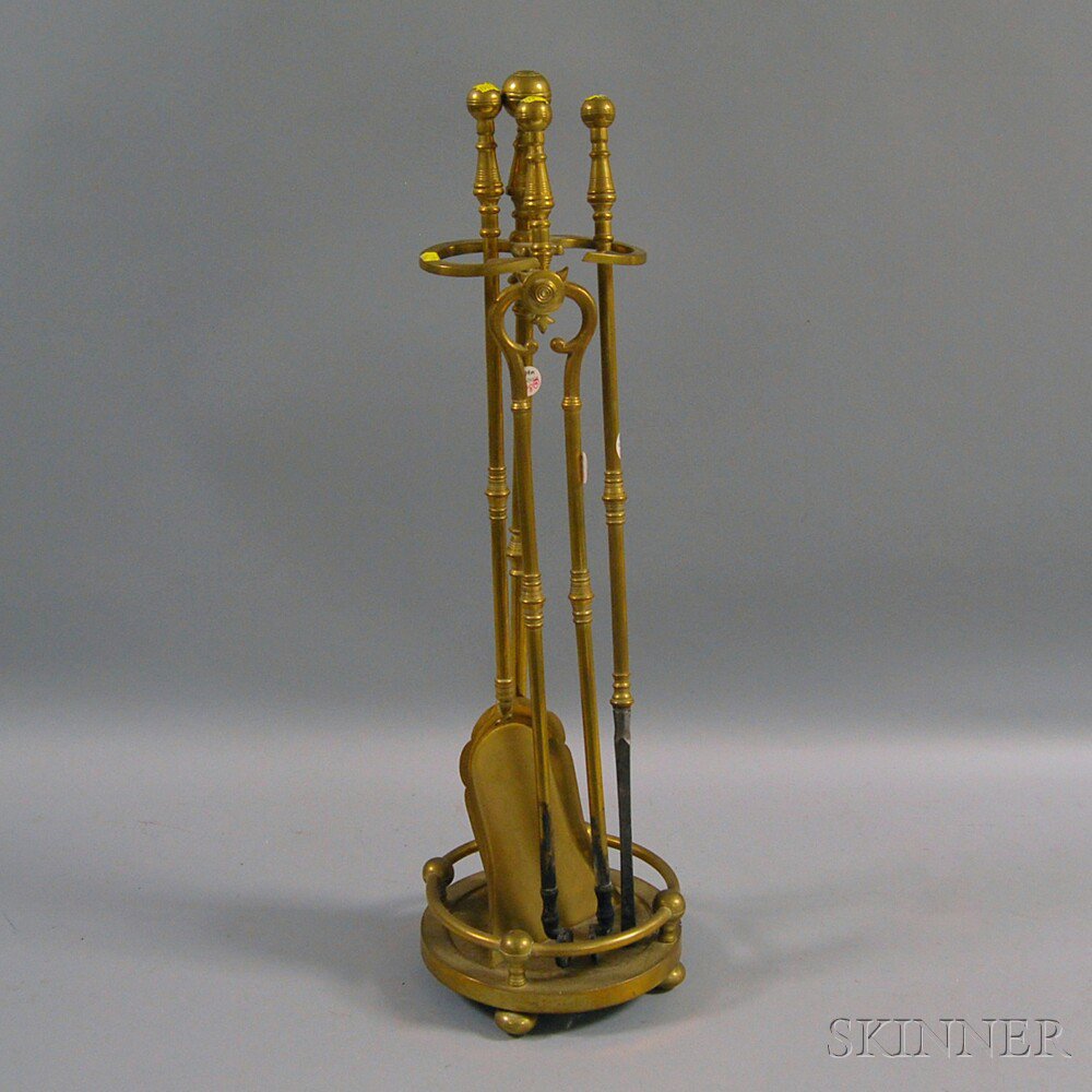 Appraisal: Three Brass Ball-top Fireplace Tools and Stand a poker shovel