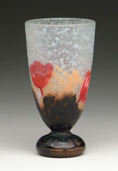 Appraisal: DAUM PADDED VASE Gorgeous poppy decoration in cranberry with brown