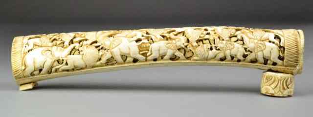 Appraisal: Chinese Carved Ivory Tusk with Lions ElephantsFinely carved ivory tusk