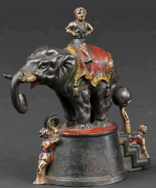 Appraisal: a ELEPHANT THREE CLOWNS MECHANICAL BANK Blue base J E