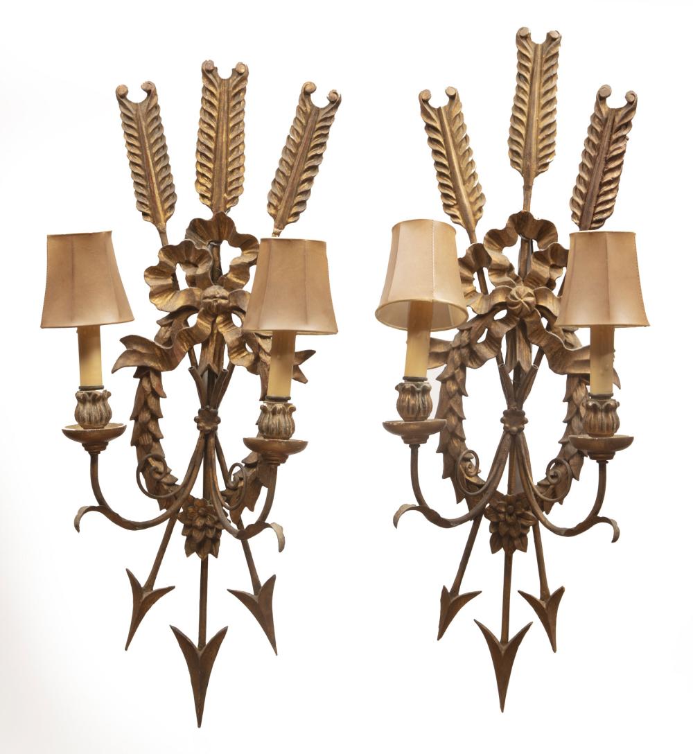 Appraisal: Pair of French Carved Giltwood and Metal Two-Light Sconces arrow