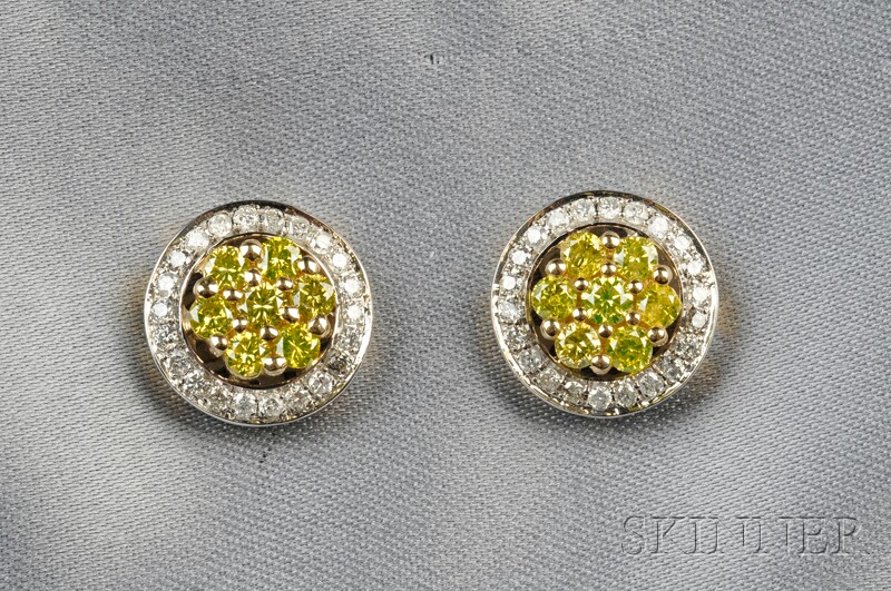 Appraisal: Diamond Earstuds each set with a cluster of treated yellow