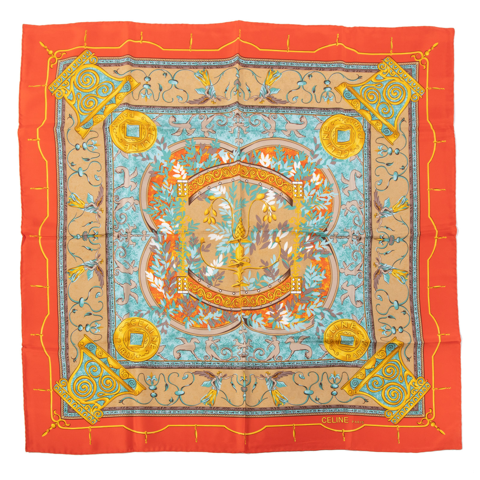 Appraisal: A CELINE PRINTED SILK SCARF Orange and multicolor Celine cm