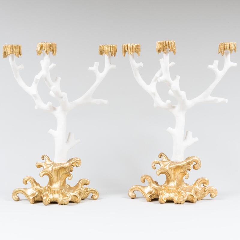 Appraisal: Pair of Oriel Harwood Parcel-Gilt Plaster Three-Light 'Grotto' Candelabra x