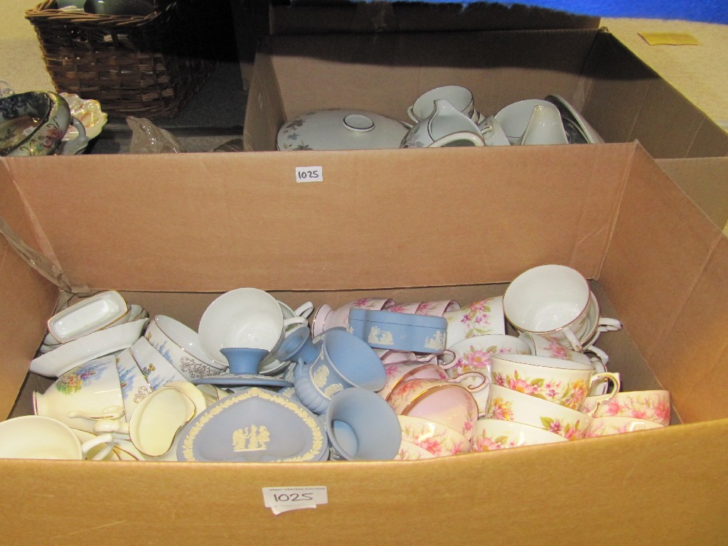 Appraisal: Two boxes of assorted teawares Wedgwood jasperware etc