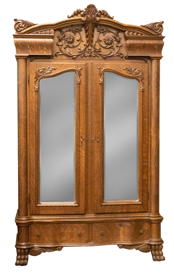 Appraisal: Incredible antique quarter sawn oak double beveled mirrored doored Wardrobe