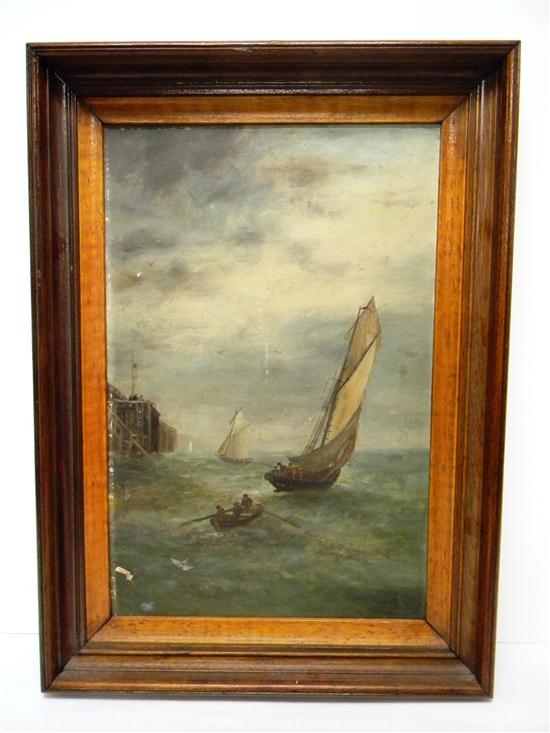 Appraisal: Unsigned oil on board row boat and three sail boats