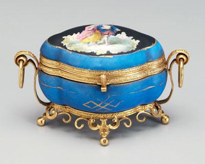 Appraisal: French perfume set Sevres style cartouche-shaped porcelain lidded box lid