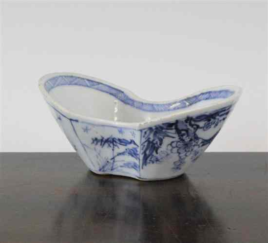 Appraisal: An unusual Chinese blue and white ingot shaped bowl first