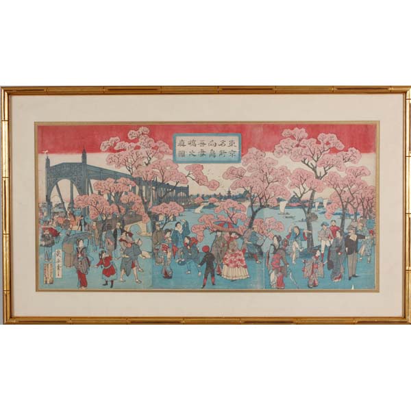 Appraisal: Japanese Meiji color woodblock triptych depicting a lively scene with