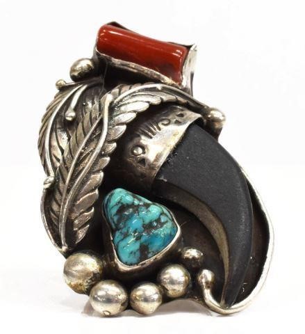 Appraisal: Southwest sterling coral and faux bear claw ring Les Baker