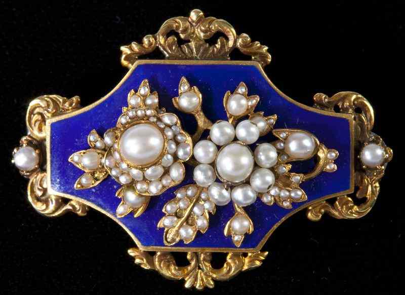 Appraisal: Victorian Pearl Enameled Gold Broochof quatrefoil form having blue enamel