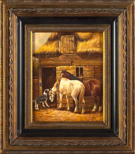 Appraisal: British School st Century Farm Scene with Horses and Dog