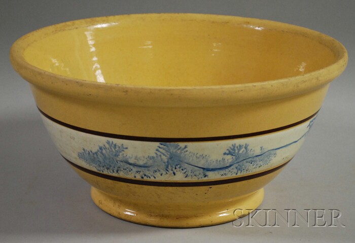 Appraisal: Large Yellowware Bowl with central blue-and-white seaweed band chips ht