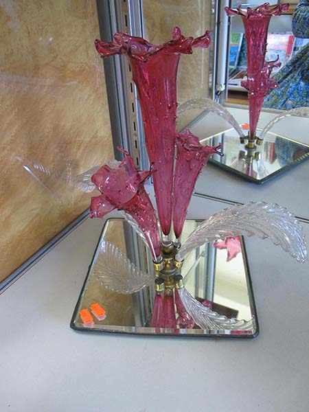 Appraisal: VICTORIAN RUBY GLASS THREE TRUMPET EPERGNE ON MIRROR BASE