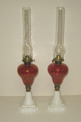 Appraisal: PAIR AMERICAN TH CENTURY WHALE OIL LAMPS Milk glass bases