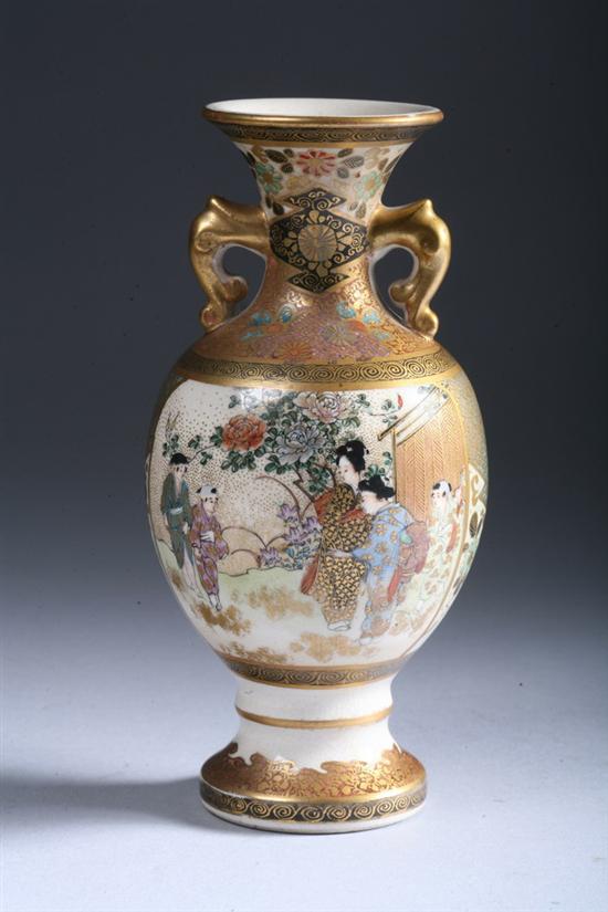 Appraisal: JAPANESE SATSUMA EARTHENWARE VASE signed 'Kyoto Meizan' Painted to depict