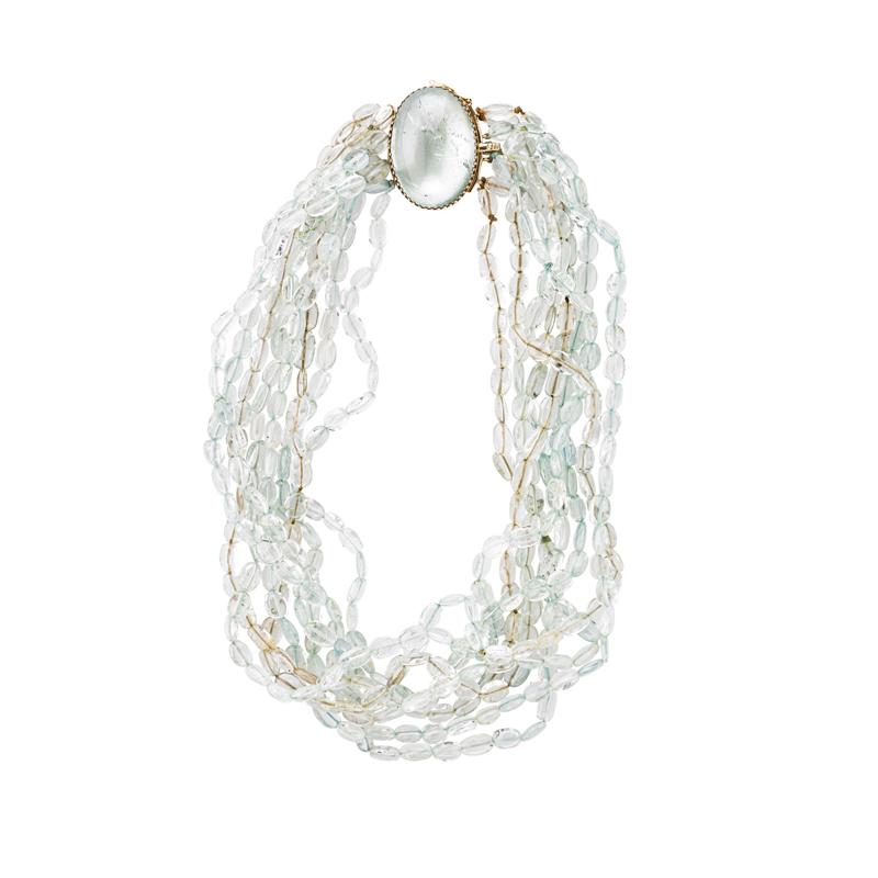 Appraisal: AQUAMARINE BEAD TORSADE NECKLACE Eight strands of lentil shaped aquamarine